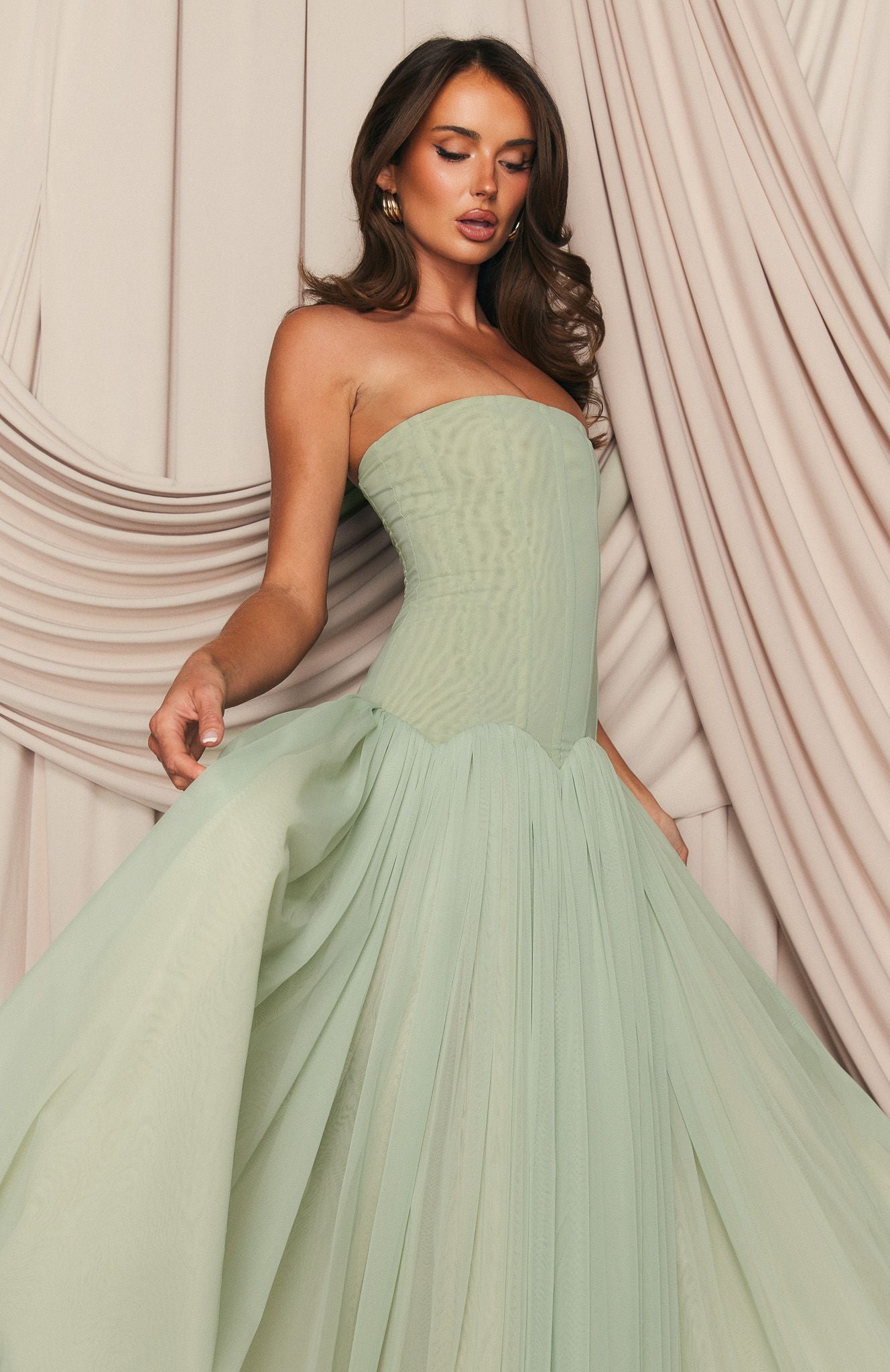 Sabrina Tulle Strapless Maxi Dress - Green Avalabel
