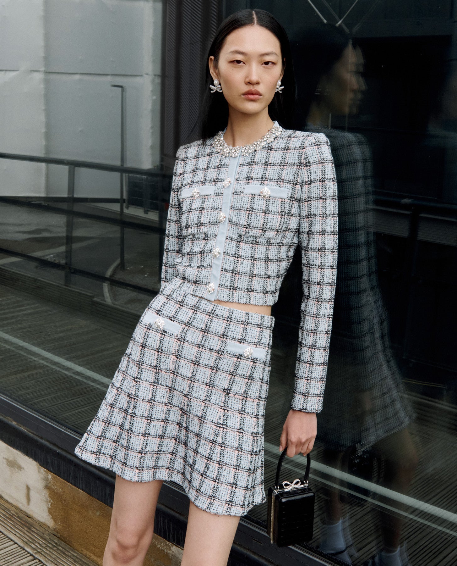 Marjorie Rhinestone Check Knit Cardigan Skirt Set - pale blue Avalabel