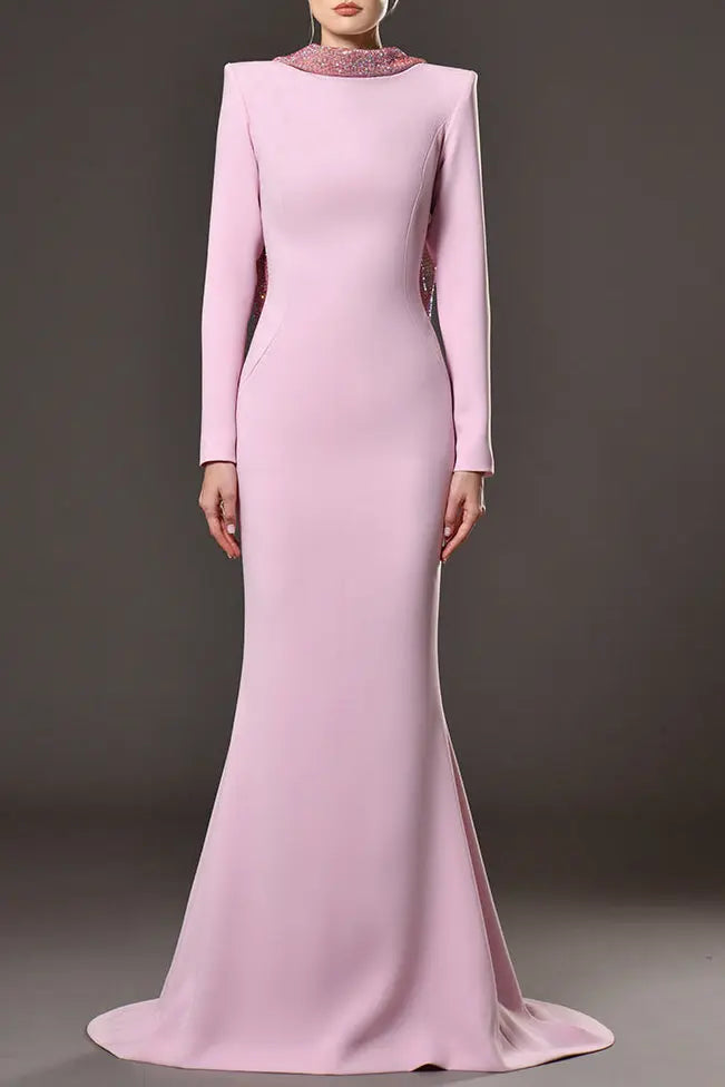 violet Pink crêpe maxi dress with crystal chainmail flower Avalabel