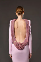 violet Pink crêpe maxi dress with crystal chainmail flower Avalabel