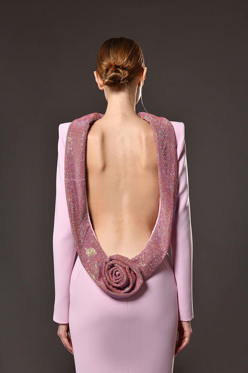 violet Pink crêpe maxi dress with crystal chainmail flower