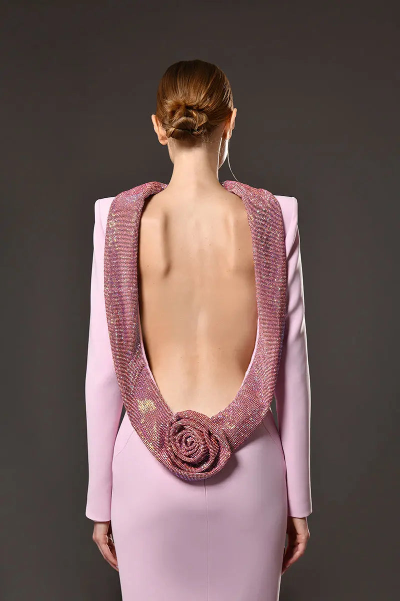 violet Pink crêpe maxi dress with crystal chainmail flower Avalabel