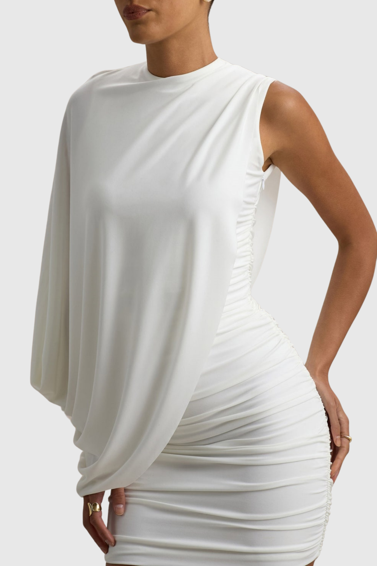 One Shoulder Ruched Mini Dress - White