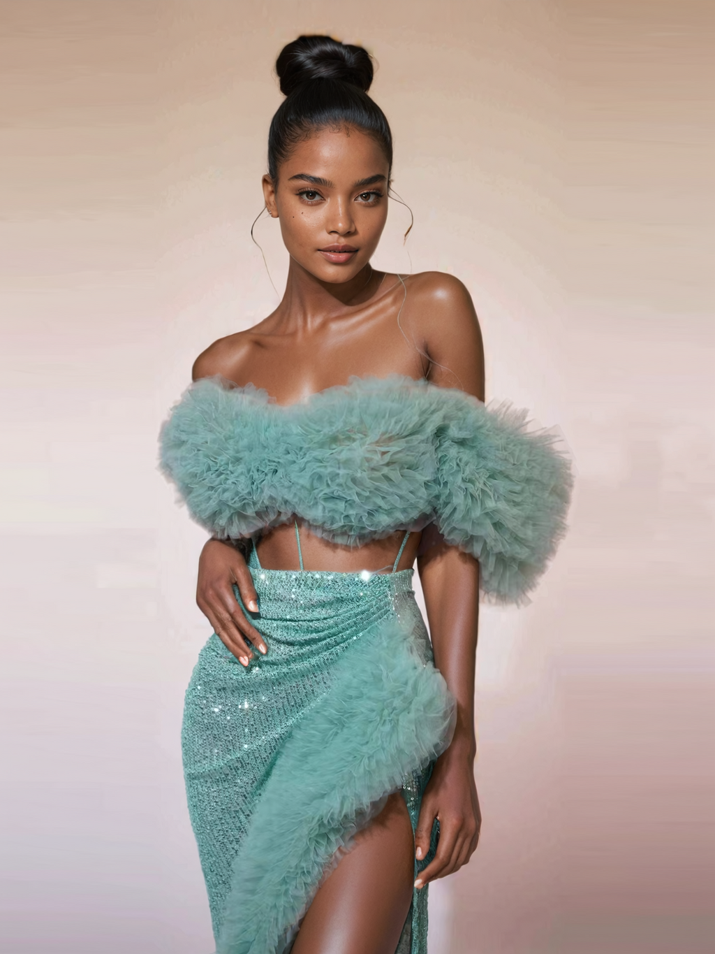 Jalynne Corset Tulle Trimmed Sequin Skirt Set In Mint Avalabel