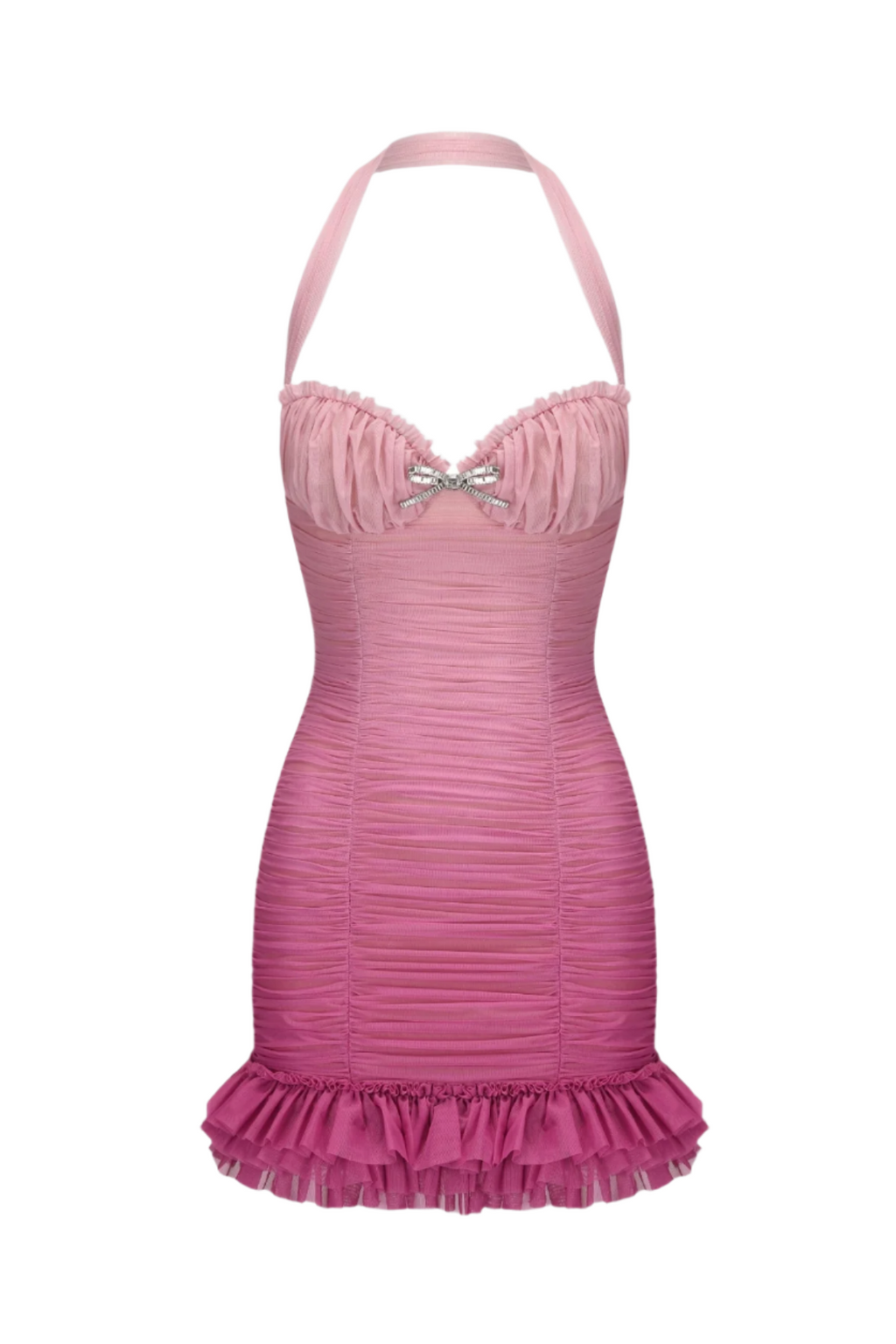 Halter Mesh Gradient Rushed Mini Dress in Pink Avalabel