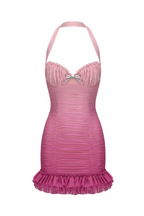 Halter Mesh Gradient Rushed Mini Dress in Pink Avalabel