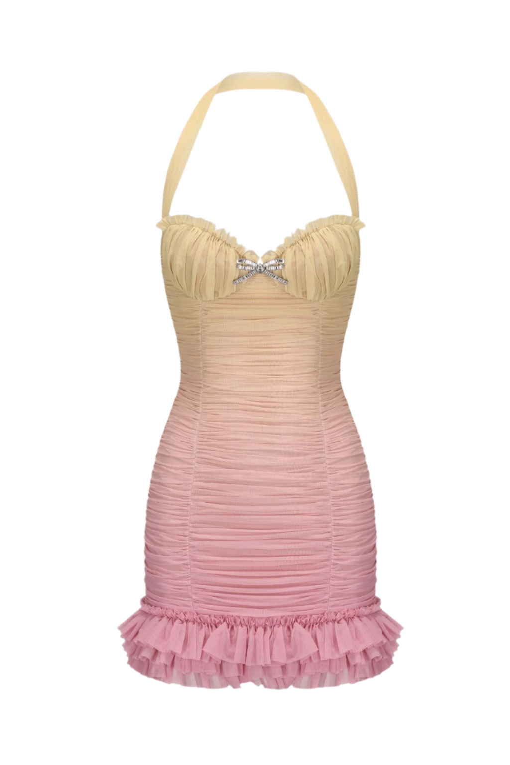 Halter Mesh Gradient Rushed Mini Dress - Yellow Avalabel