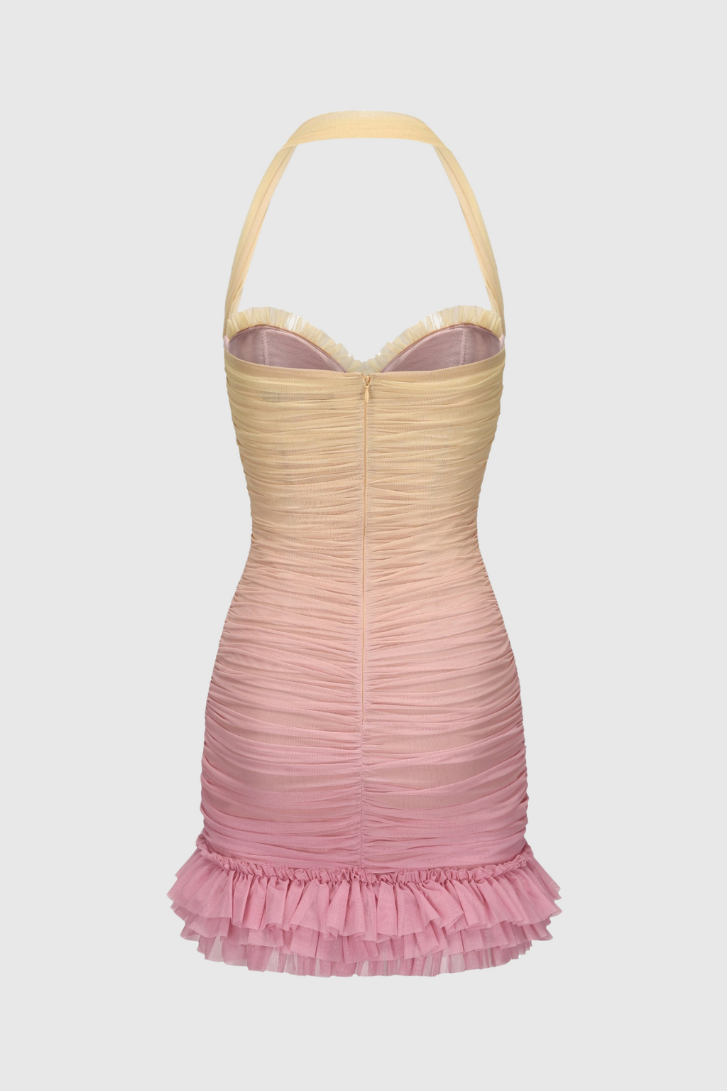 Halter Mesh Gradient Rushed Mini Dress - Yellow Avalabel
