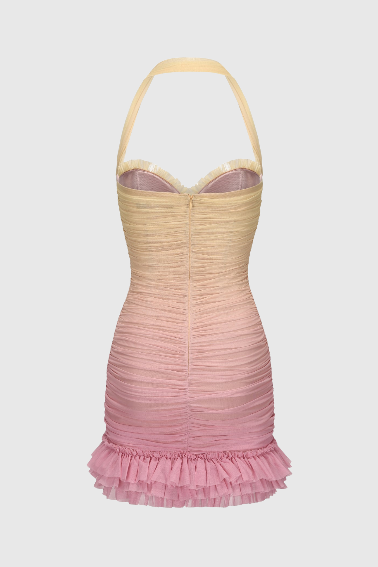 Halter Mesh Gradient Rushed Mini Dress - Yellow Avalabel