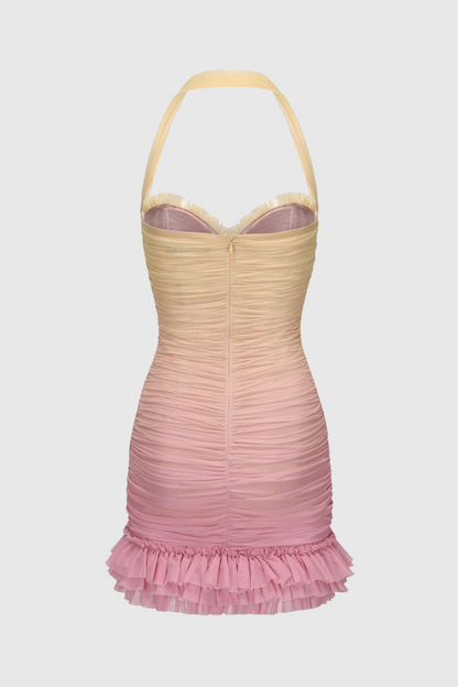 Halter Mesh Gradient Rushed Mini Dress - Yellow