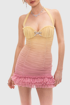 Halter Mesh Gradient Rushed Mini Dress - Yellow Avalabel