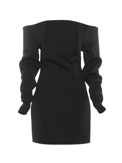 Victoria off-Shoulder Satin Bodycon Mini Dress in Black