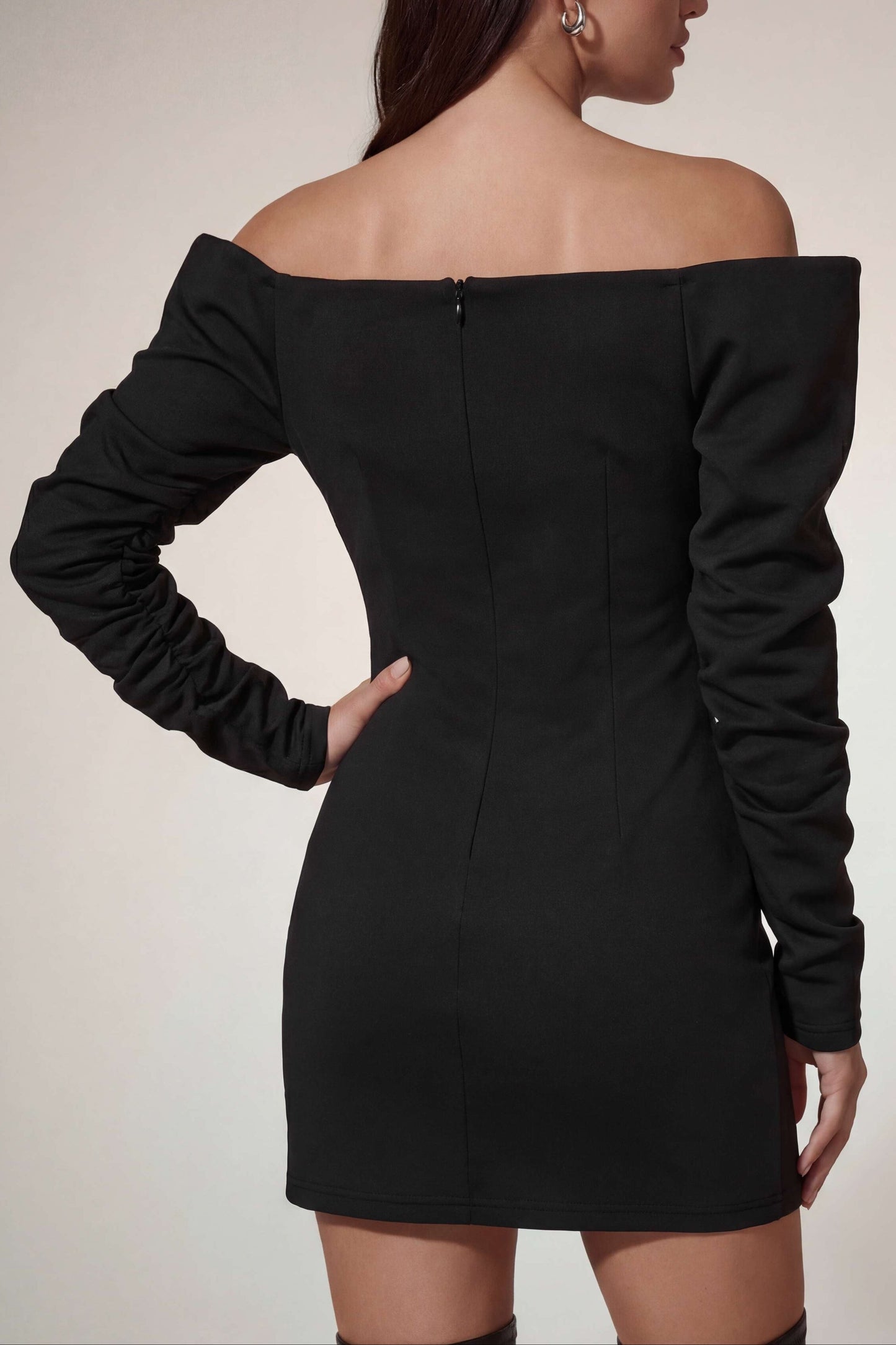Victoria off-Shoulder Satin Bodycon Mini Dress in Black