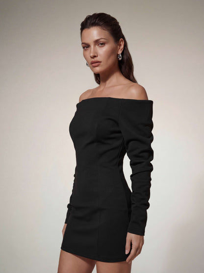 Victoria off-Shoulder Satin Bodycon Mini Dress in Black