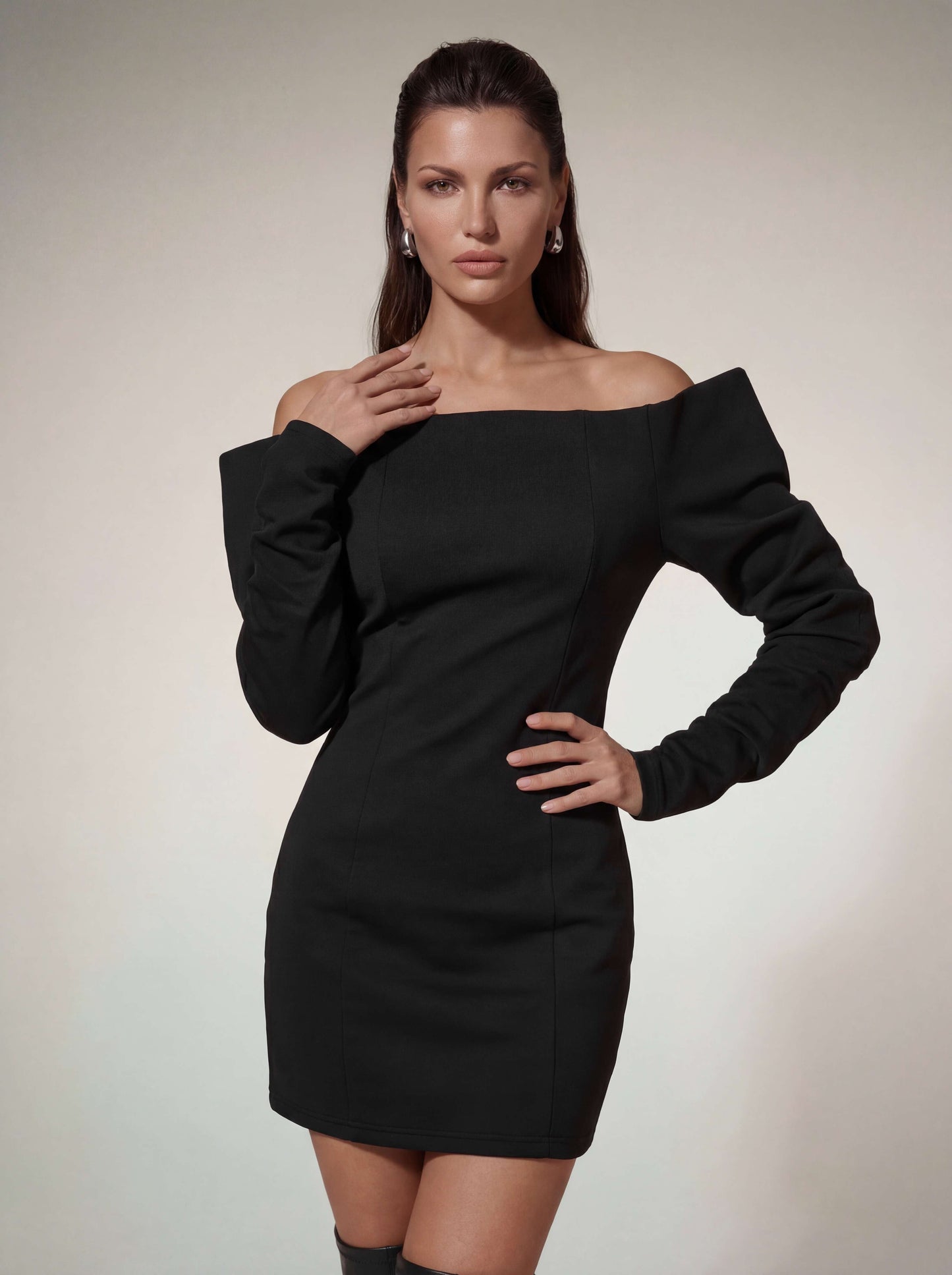 Victoria off-Shoulder Satin Bodycon Mini Dress in Black