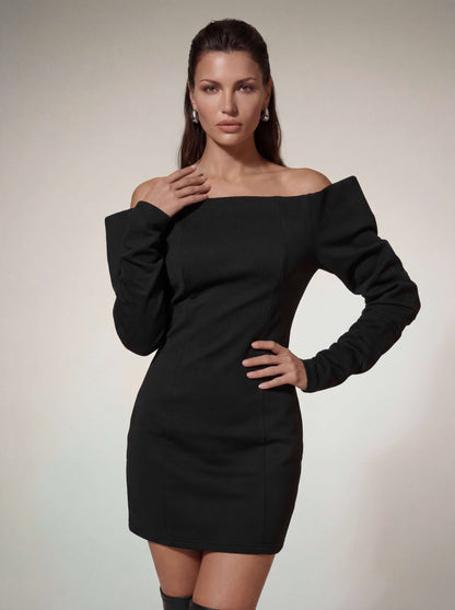 Victoria off-Shoulder Satin Bodycon Mini Dress in Black