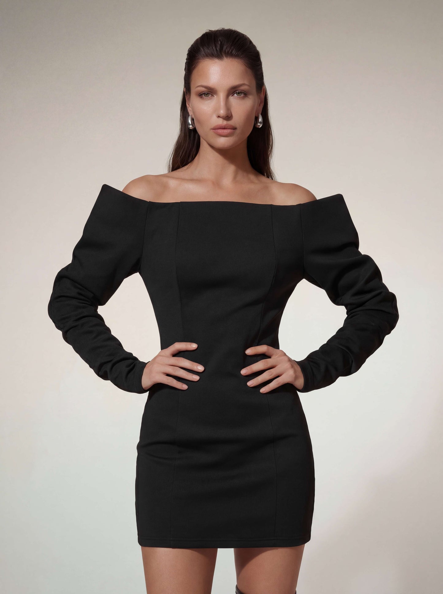 Victoria off-Shoulder Satin Bodycon Mini Dress in Black