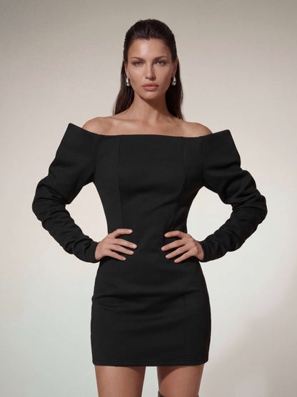 Victoria off-Shoulder Satin Bodycon Mini Dress in Black