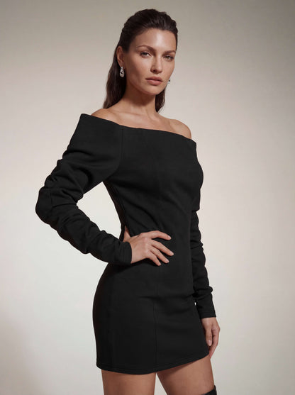 Victoria off-Shoulder Satin Bodycon Mini Dress in Black
