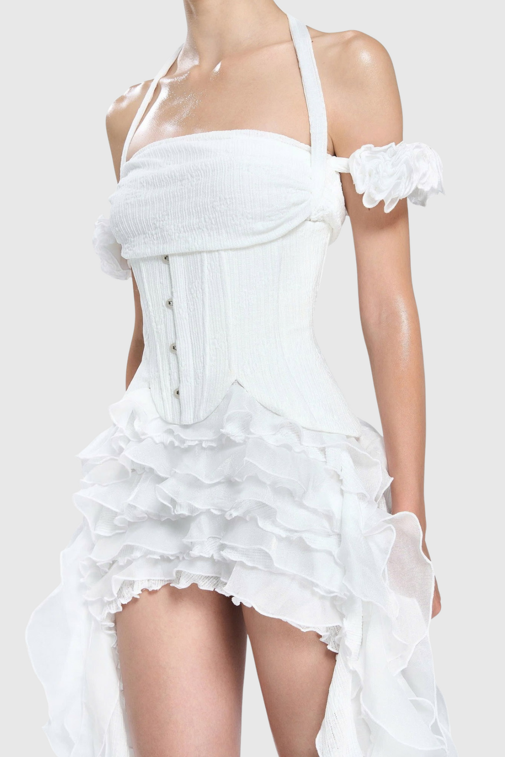 Elva Halter Three-Dimensional Flower Irregular Tassel Mini Dress in White Avalabel