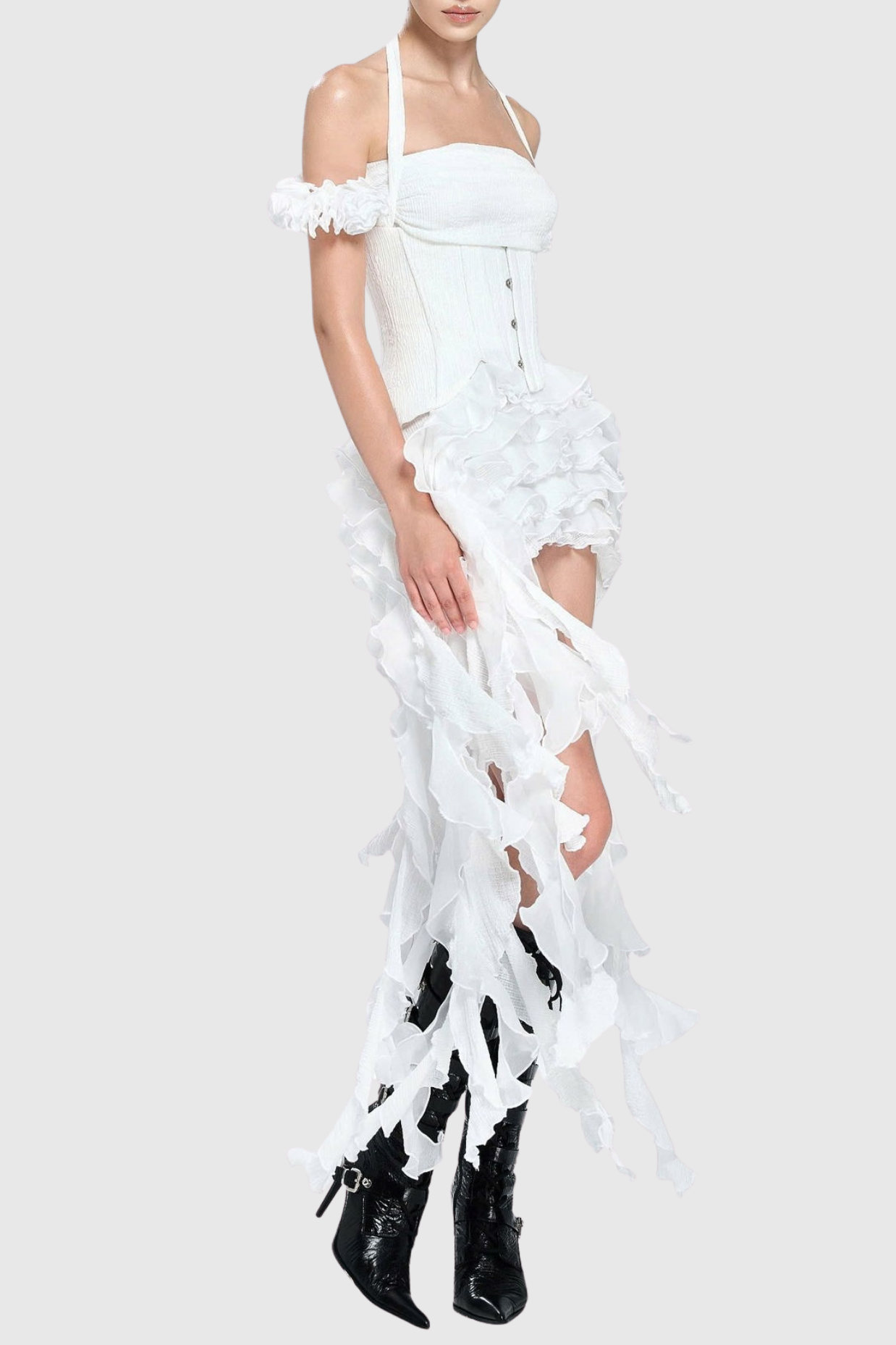 Elva Halter Three-Dimensional Flower Irregular Tassel Mini Dress in White Avalabel