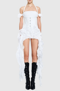 Elva Halter Three-Dimensional Flower Irregular Tassel Mini Dress in White Avalabel