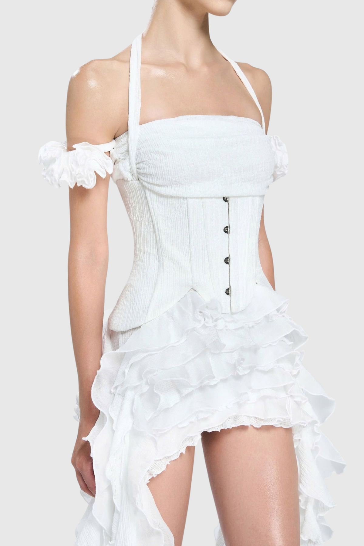 Elva Halter Three-Dimensional Flower Irregular Tassel Mini Dress in White Avalabel