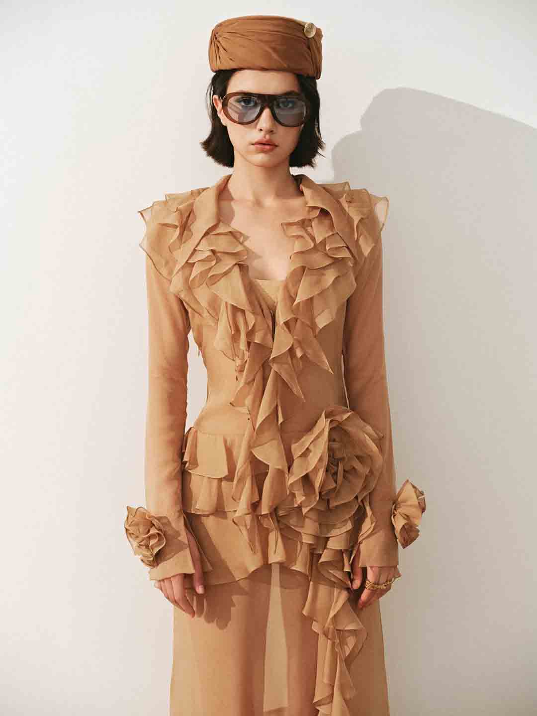 josephine Multi-layered ruffles maxi dress in brown Avalabel