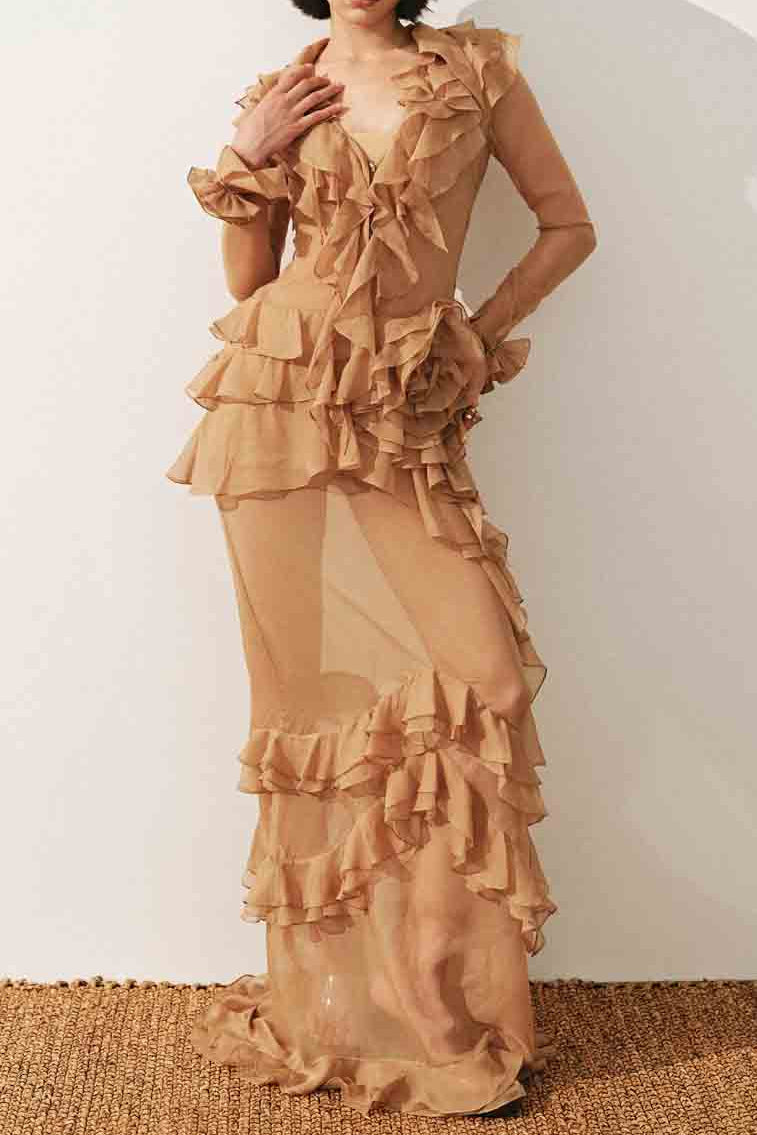 josephine Multi-layered ruffles maxi dress in brown Avalabel
