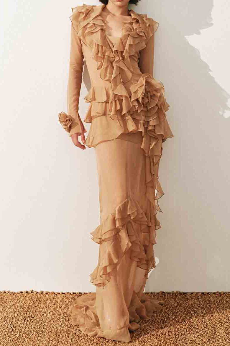 josephine Multi-layered ruffles maxi dress in brown Avalabel