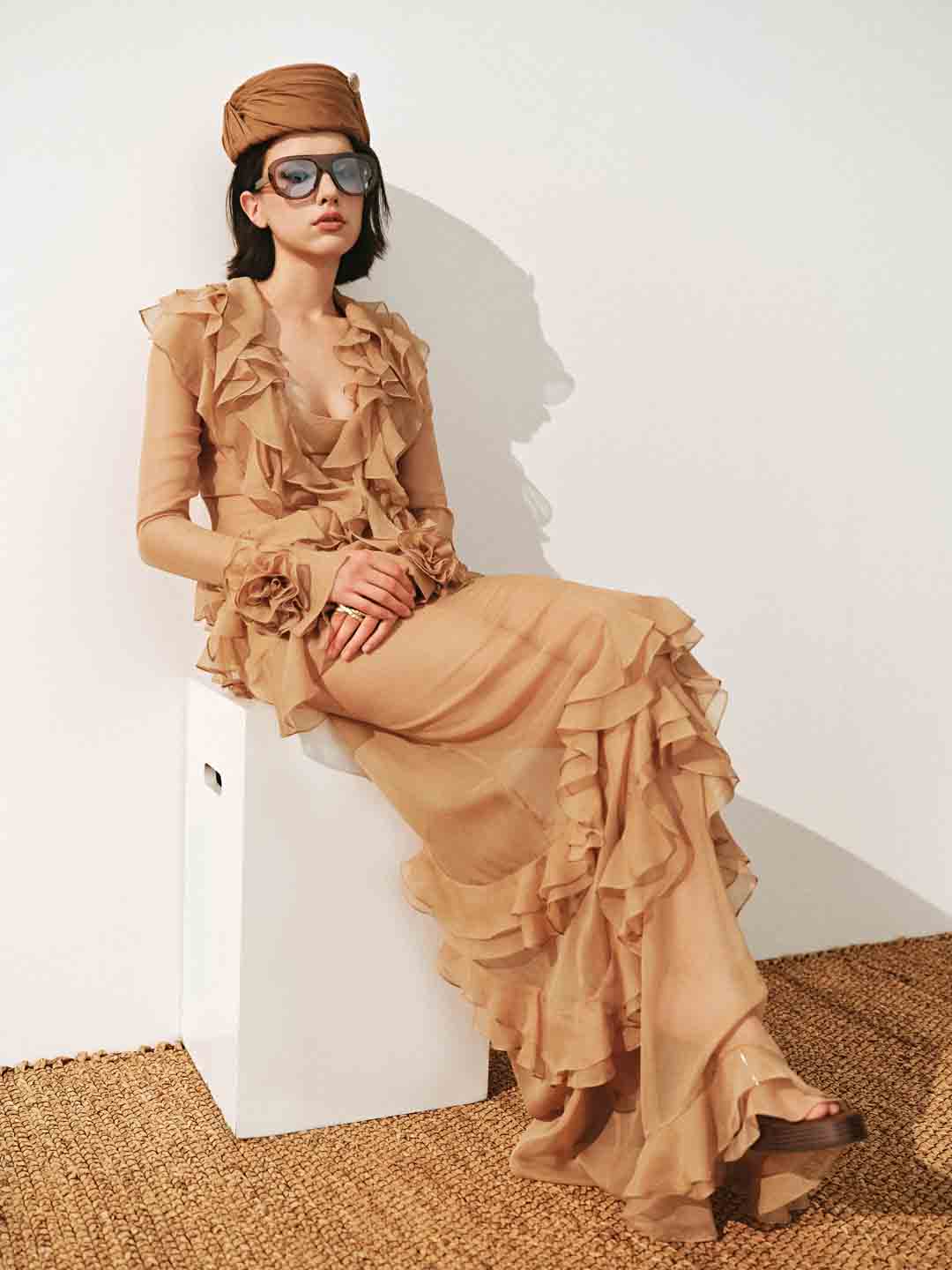 josephine Multi-layered ruffles maxi dress in brown Avalabel