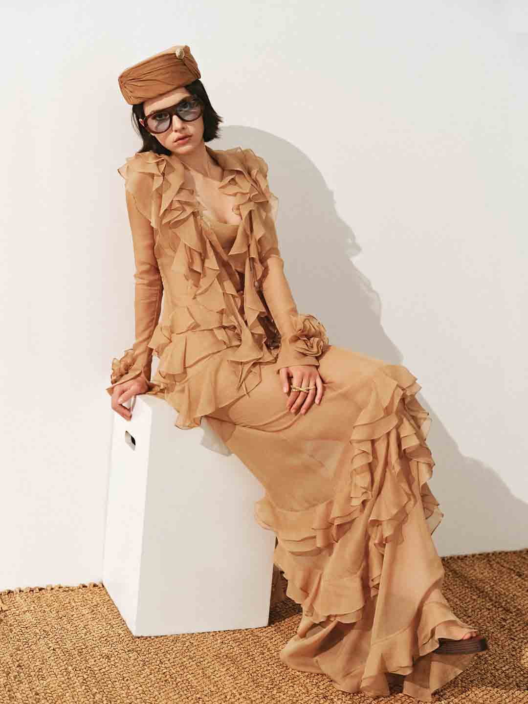 josephine Multi-layered ruffles maxi dress in brown Avalabel