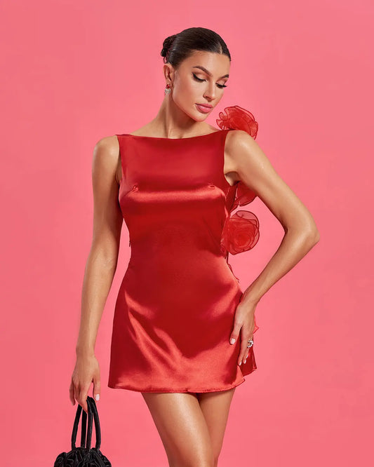 Zenobia Floral Detail Mini Satin Mini Dress in Red Avalabel