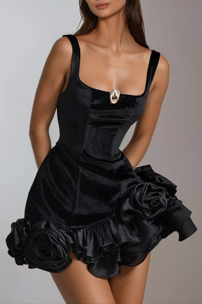 renata square neck flower velvet mini dress