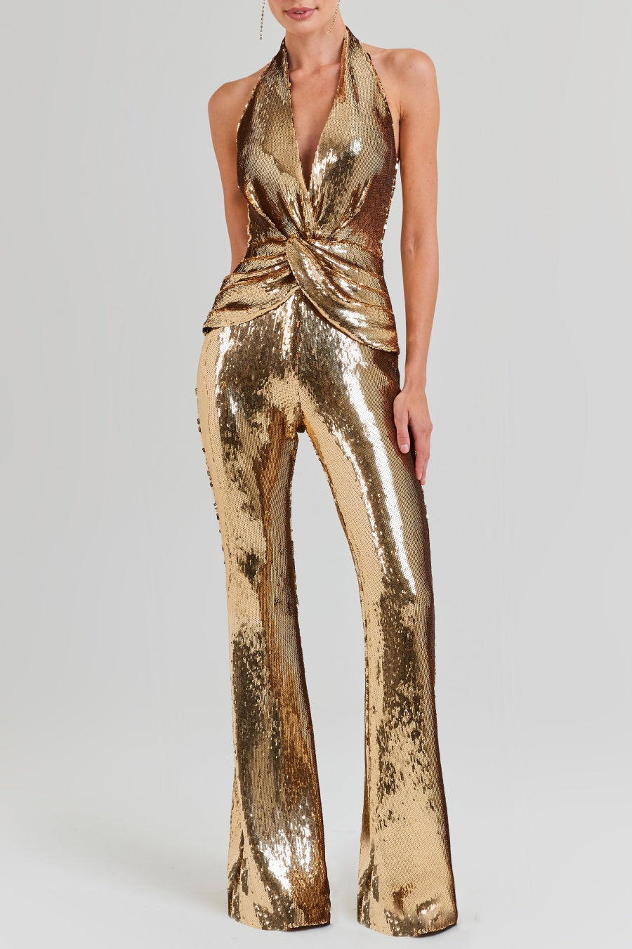 nora gold Sequin halterneck deep V high waist flared jumpsuit Avalabel