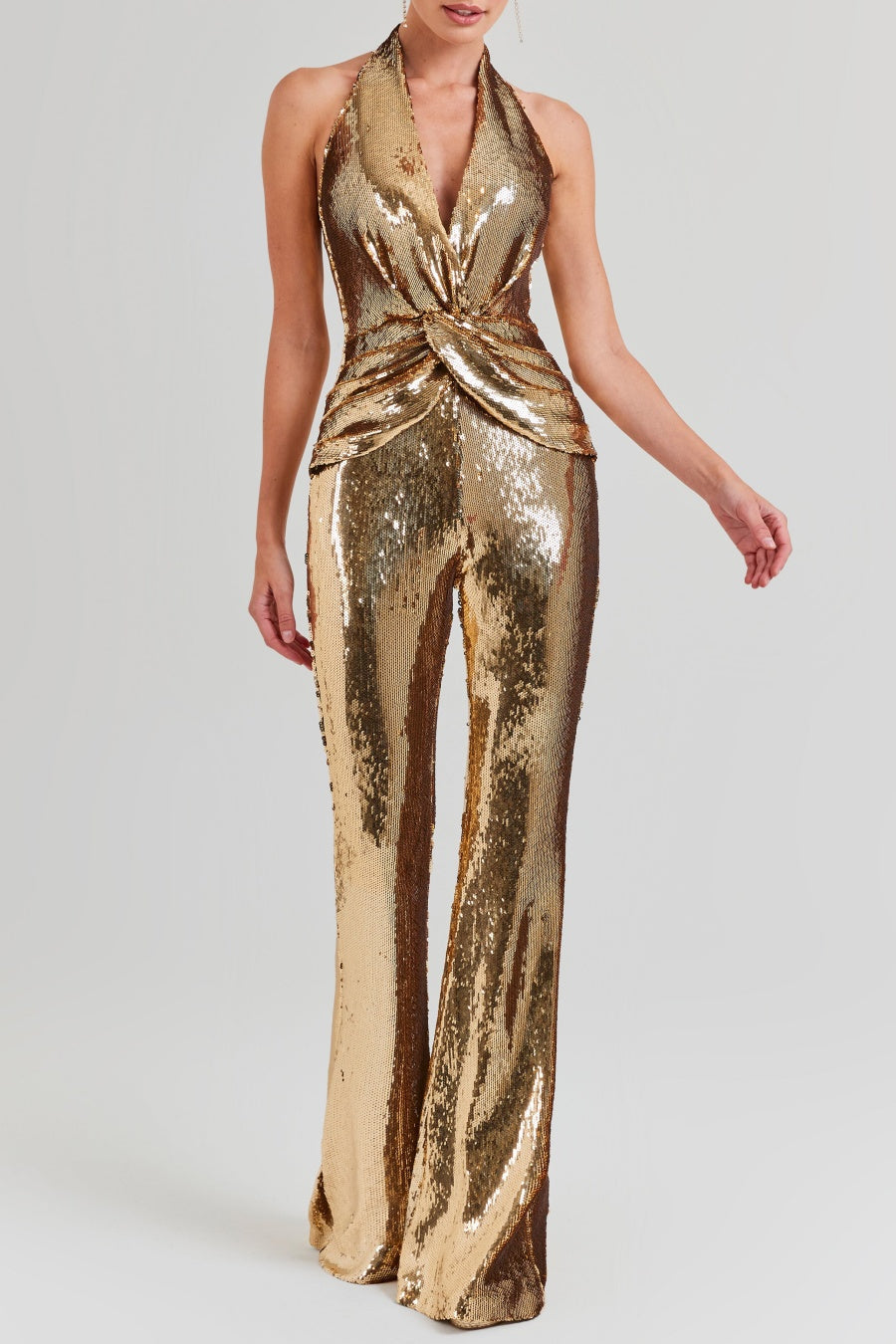 nora gold Sequin halterneck deep V high waist flared jumpsuit Avalabel