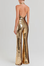 nora gold Sequin halterneck deep V high waist flared jumpsuit Avalabel