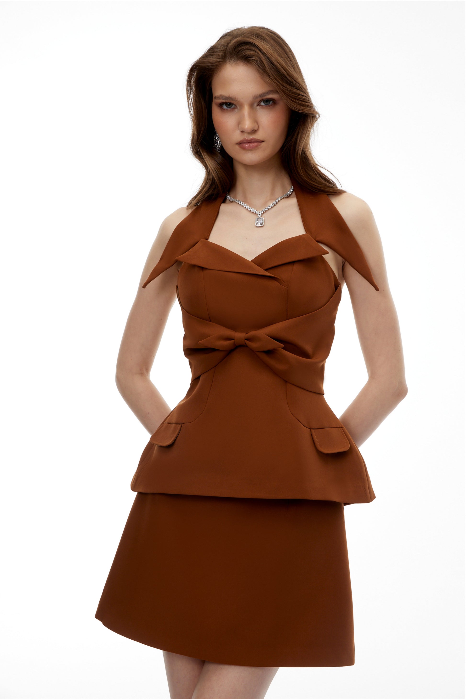 Griselda Brown Halterneck Mini Dress Avalabel