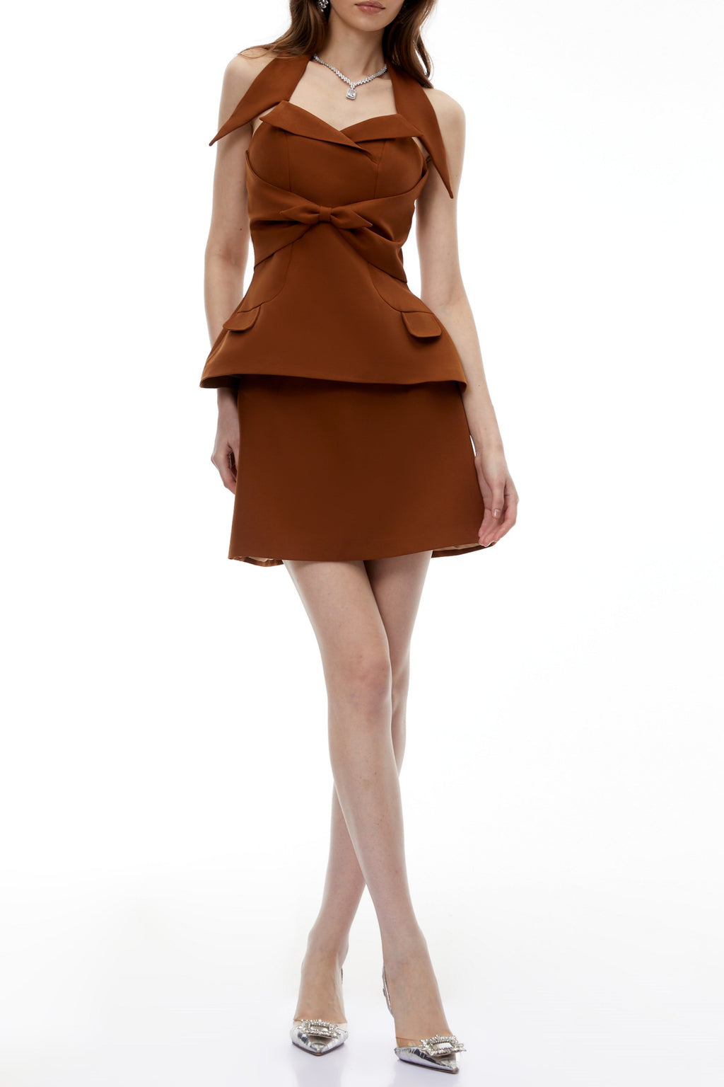 Griselda Brown Halterneck Mini Dress Avalabel