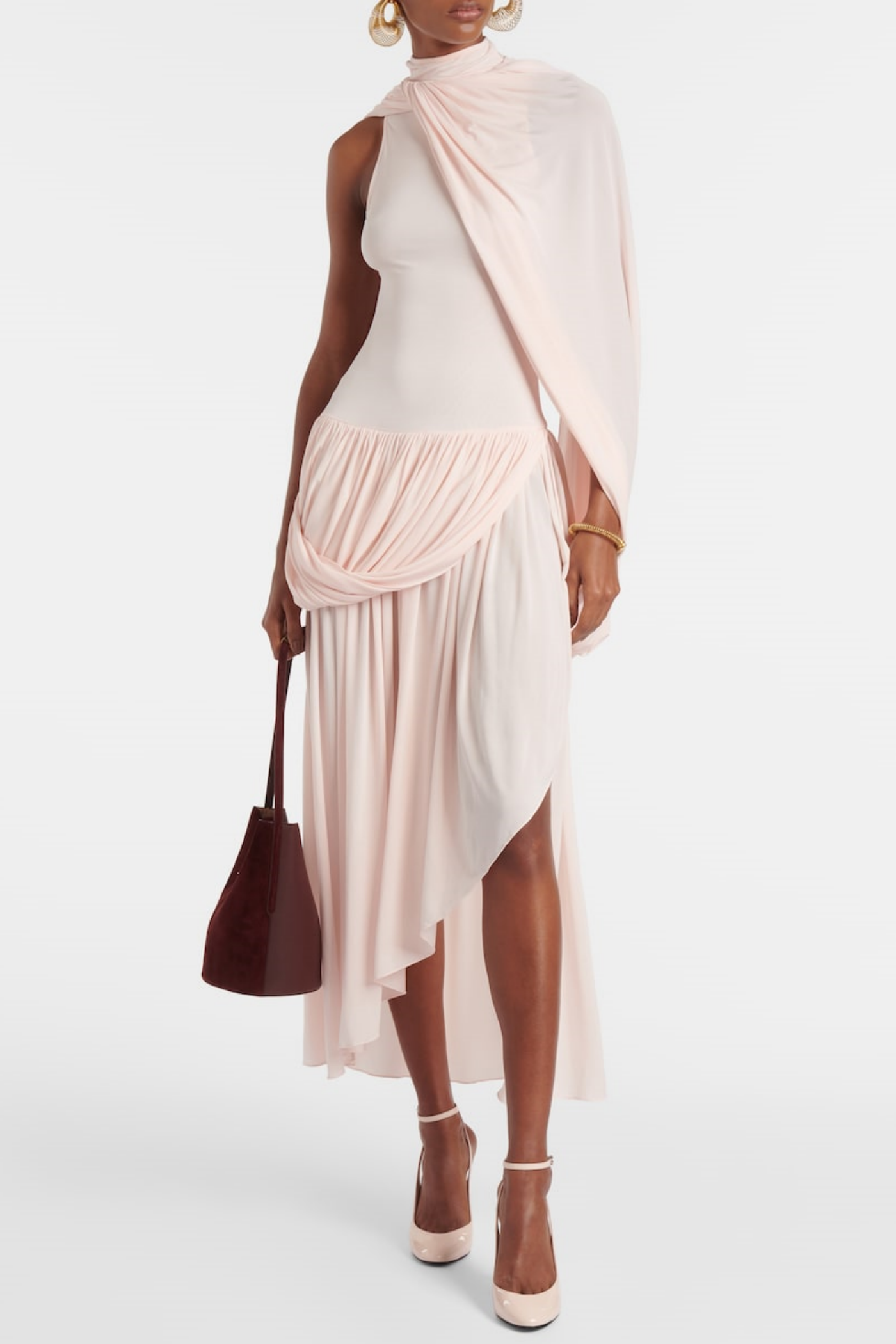 Asymmetric Cape Draped Midi Dress Avalabel
