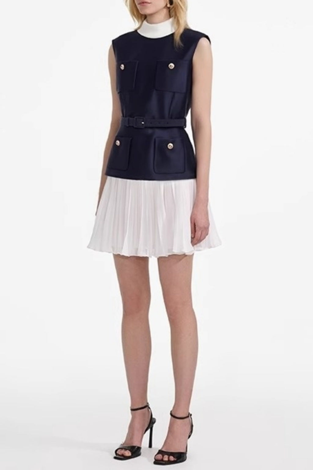 Sleeveless Belted Chiffon Mini Dress Avalabel