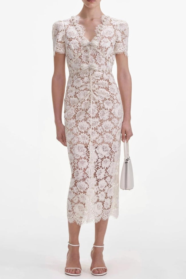 Crystal Bow Detailed V Neck Lace Midi Design Dress Avalabel