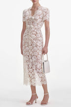 Crystal Bow Detailed V Neck Lace Midi Design Dress Avalabel