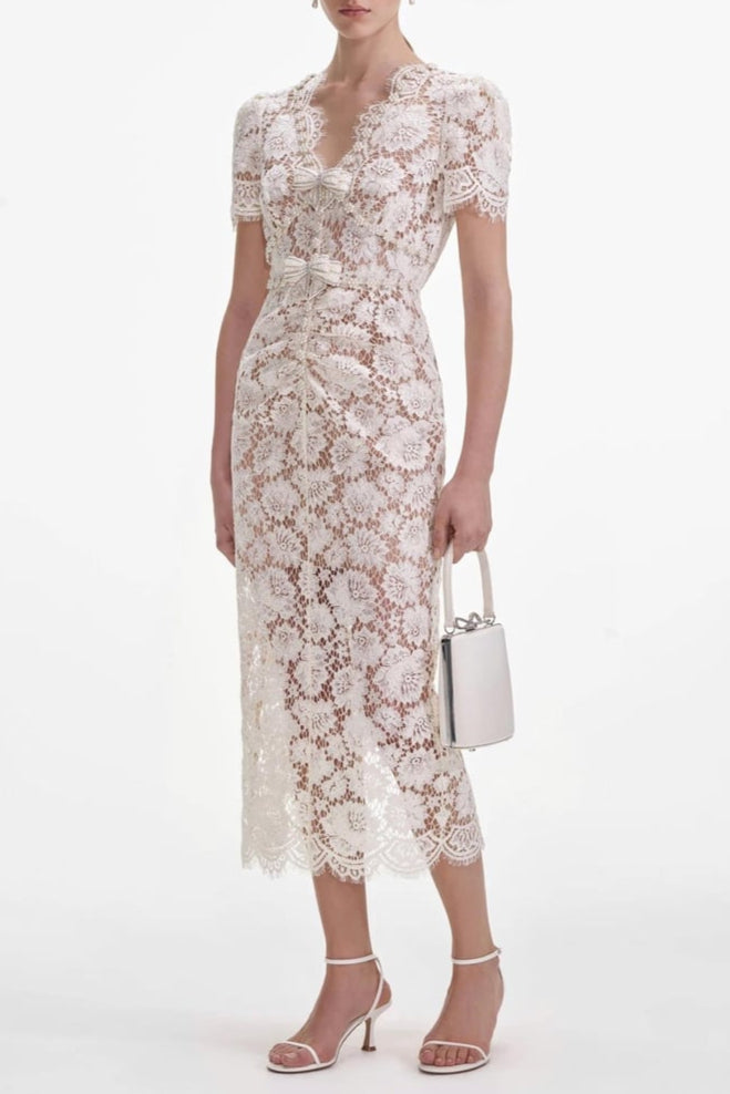 Crystal Bow Detailed V Neck Lace Midi Design Dress Avalabel