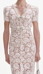 Crystal Bow Detailed V Neck Lace Midi Design Dress Avalabel