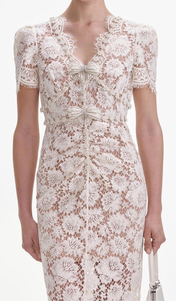 Crystal Bow Detailed V Neck Lace Midi Design Dress Avalabel