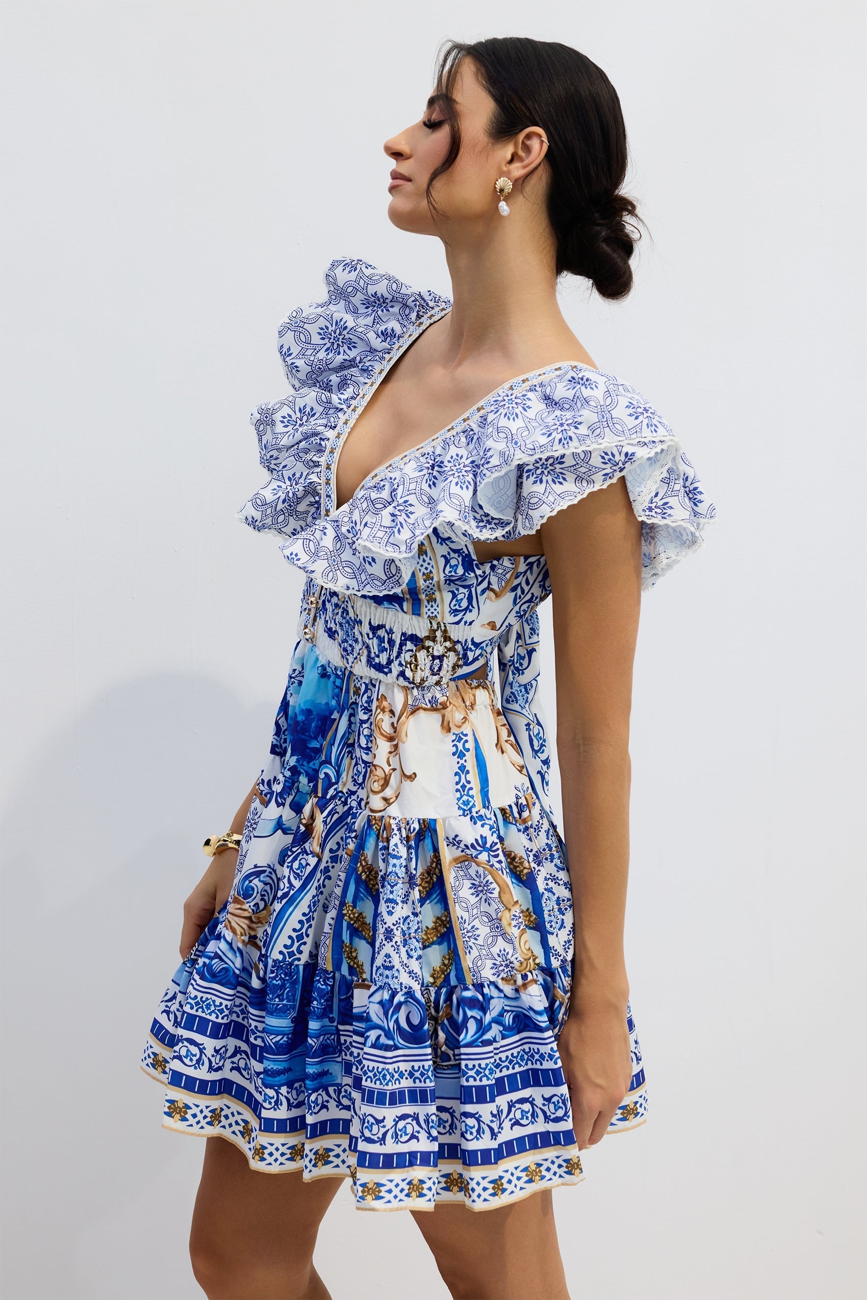 Printed Plunge Neck Mini Dress Avalabel