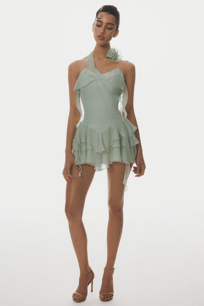 Kyrie Halter Floral Ruffle Mini Dress - Green Avalabel
