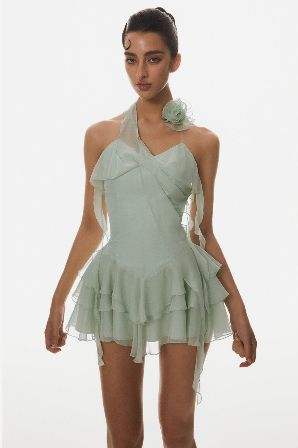 Kyrie Halter Floral Ruffle Mini Dress - Green Avalabel