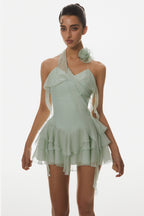 Kyrie Halter Floral Ruffle Mini Dress - Green Avalabel